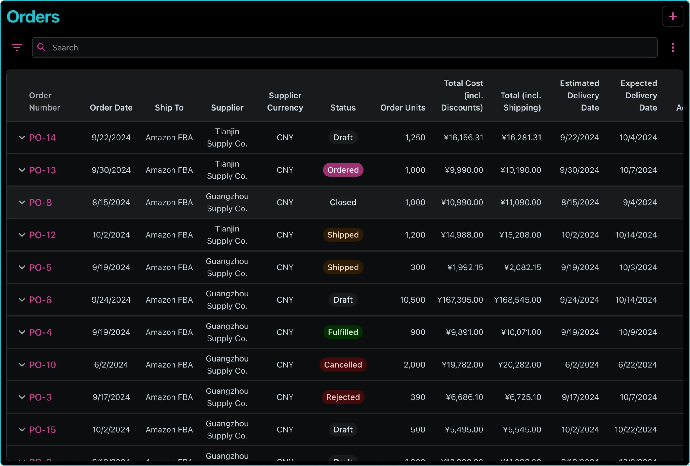 Screenshot showing the order list screen